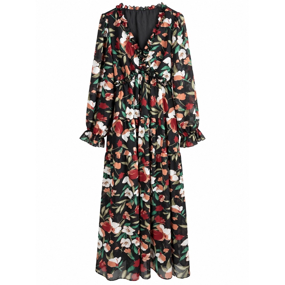 Women's Large Black Floral Ruffle Tiered Maxi Dress Long Sleeve Boho